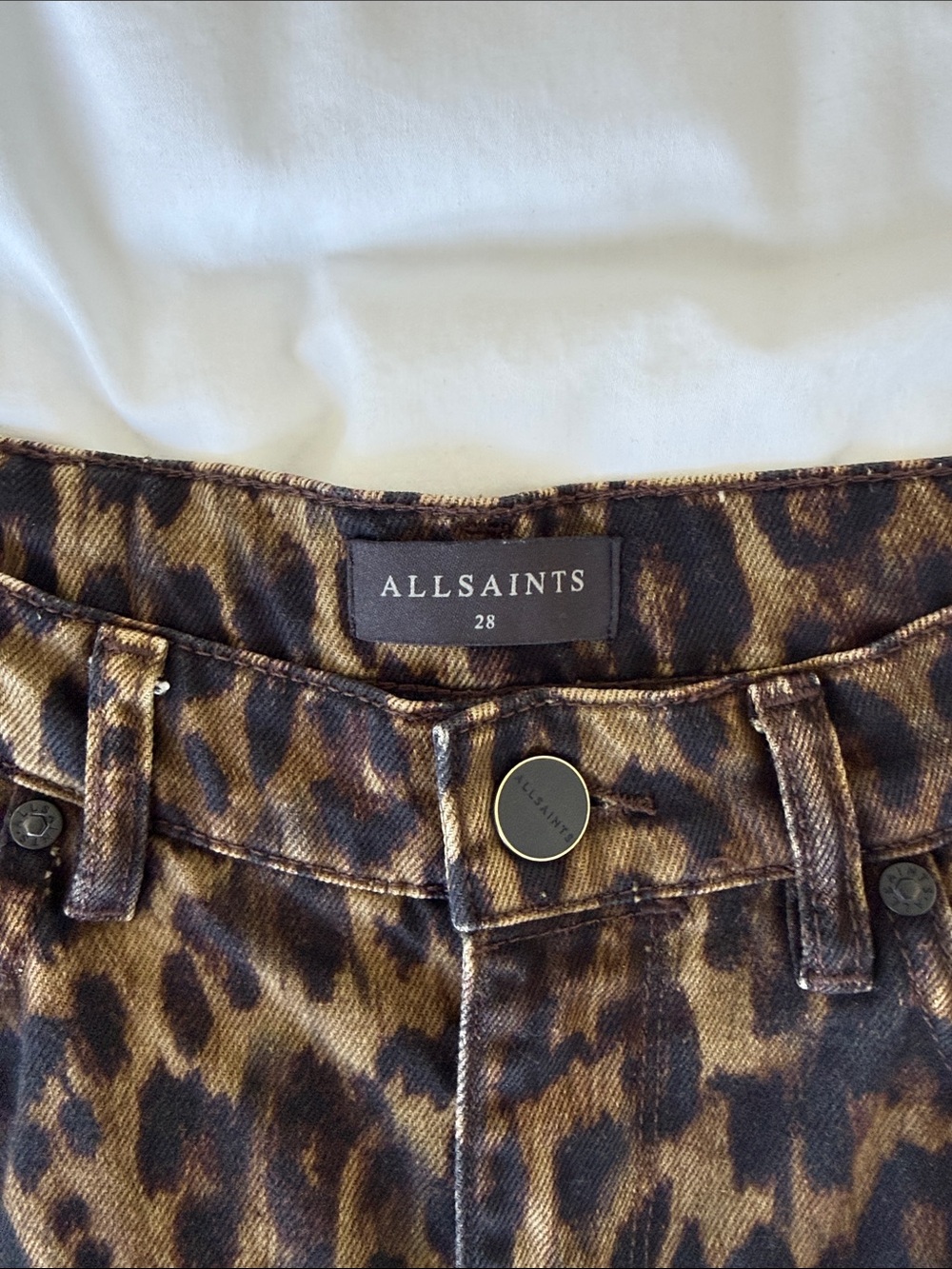 AllSaints Leopard Print Denim Louie Long Shorts - Picture 9 of 9